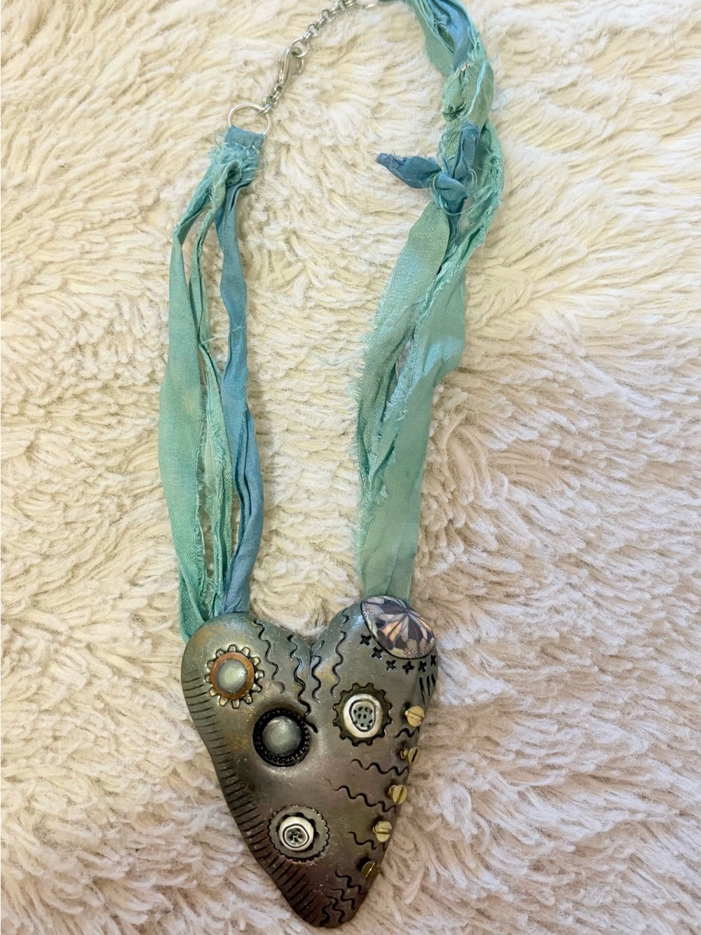 Artisan Steampunk Mixed Media Raku Clay Heart Ribbon Statement Necklace